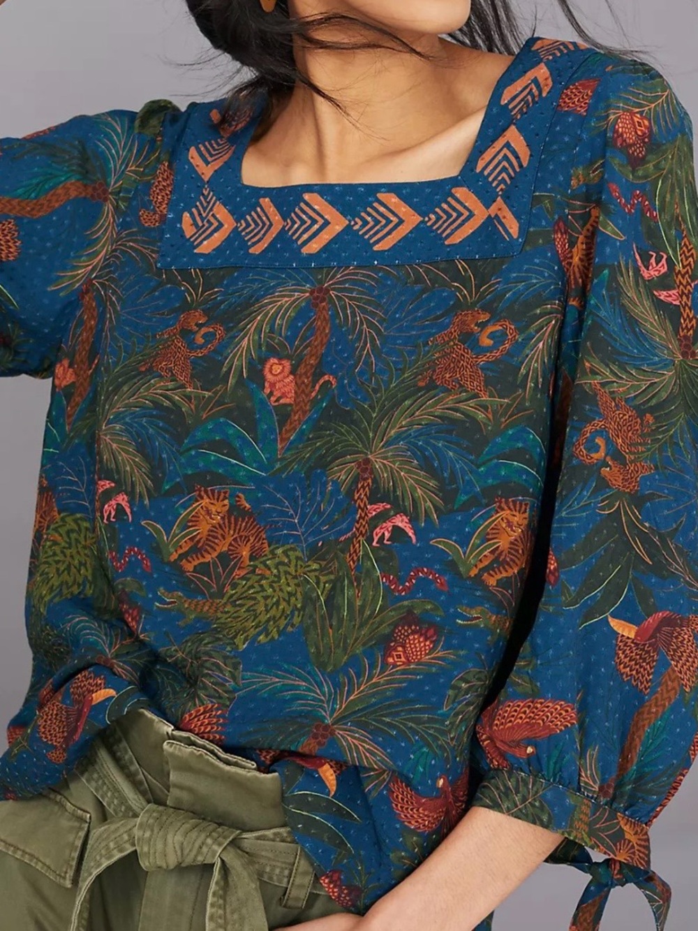 FARM Rio Bianca Jungle Print Square-Neck Blouse Size XL